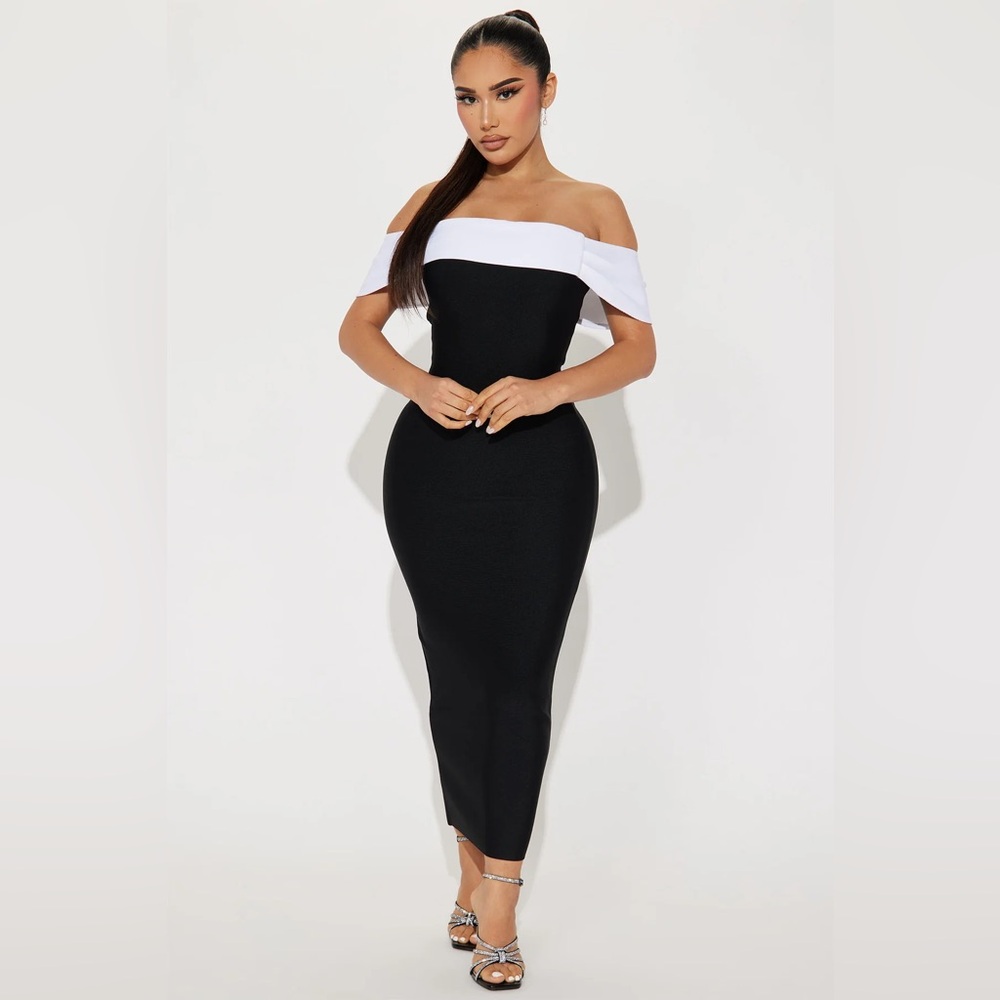 ELEGANT BLACK AND WHITE OFF-SHOULDER MIDI DRESS XS BRAND NEW FASHION NOVA
